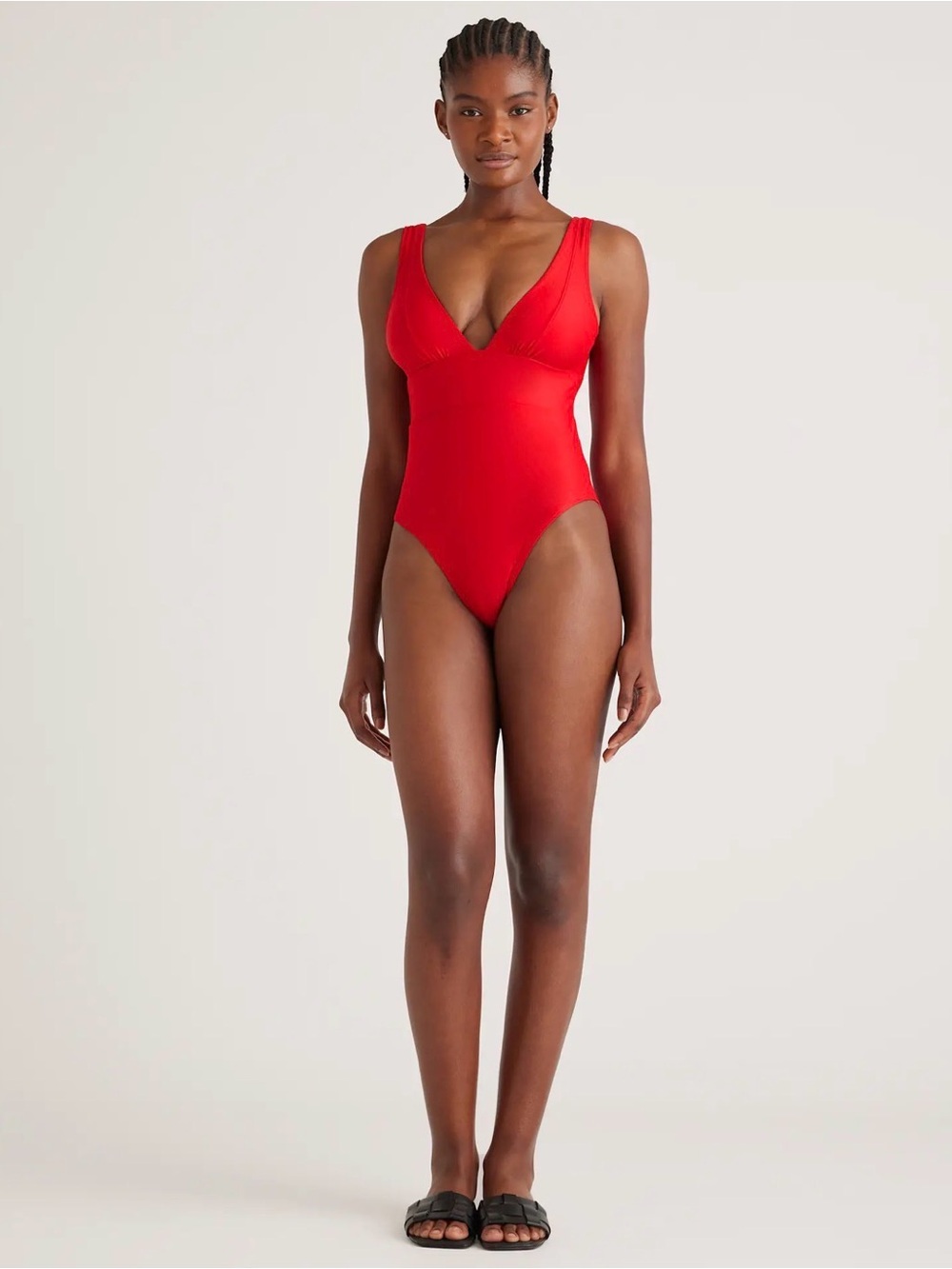 Quince Sz Large Italian Plunge One-Piece Swimsuit Red UPF50 Minimalist